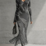 Yohers Olive Camo Knit V-Neck Fringe Hem Bodycon Dress