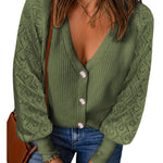 Lantern Sleeve Button Down Cable Knit Sweate - Zeagoo (Us Only)