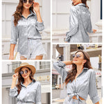 Satin Silk Shirt Floral Button Down Blouse - Zeagoo (Us Only)