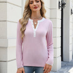 Colorblock Collar Lace Trim Ribbed Knit Henley Top (US Only)
