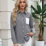 Zeagoo Striped Button Down Shirts for Women Patchwork Chic Long Sleeve Collared Casual Office Work Blouse Tops (US Only))