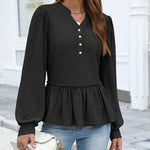Casual Eyelet Peplum Puff Long Sleeve Blouse (US Only)