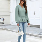 Casual Eyelet Peplum Puff Long Sleeve Blouse (US Only)