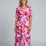 Phoebe Harrison | V-Neck Puff Sleeve Pleated Midi Dress For Women