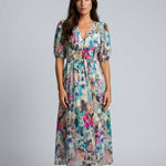 Phoebe Harrison | V-Neck Puff Sleeve Pleated Midi Dress For Women