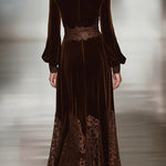 Lace Patchwork Turtleneck Balloon Sleeve Velvet Maxi Dresses