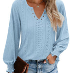 Zeagoo Women Casual V Neck T-Shirts Ruffle Long Sleeve Shirt Eyelet Loose Blouses S-XXL