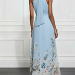 Light Blue Floral Chiffon Halter Sleeveless Maxi Dress