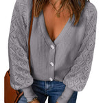 Lantern Sleeve Button Down Cable Knit Sweate - Zeagoo (Us Only)