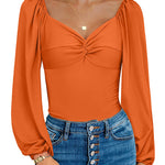 Puff Sleeve Twist Knot Front Tops Bodysuit - Zeagoo (Us Only)