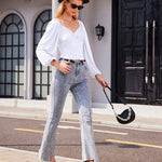 Puff Sleeve Twist Knot Front Tops Bodysuit - Zeagoo (Us Only)