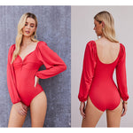 Puff Sleeve Twist Knot Front Tops Bodysuit - Zeagoo (Us Only)