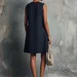 Lucila | Women's Short Dress, Minimalist Professional Style, Navy Blue, with Round Neck, Asymmetrical Buttons, Side Pocket, Sleeveless