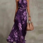 Green Floral Chiffon Halter Maxi Dress