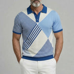 KZZ Men's Casual Colorblock Striped Pattern Turndown Collar Polo Shirt