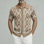 KZZ Men's Retro Short Sleeve Turndown Collar Single Breasted Geometric Knit Shirt