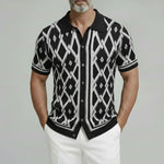 KZZ Men's Retro Short Sleeve Turndown Collar Single Breasted Geometric Knit Shirt