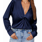 Satin V Neck Twist Front Silk Shirts - Zeagoo (Us Only)