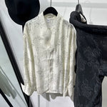 Retro Transparent V-Neck Printed Long-Sleeve Shirt
