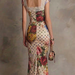 Carla | Ruched Midi Bodycon Dress with Mixed Print and Lace Trim