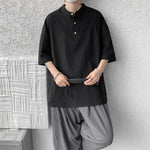 Cotton and Linen Henley Collar Loose T-Shirt