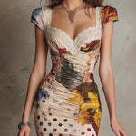Carla | Ruched Midi Bodycon Dress with Mixed Print and Lace Trim