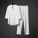 Retro Ice Silk Short Sleeve V-Neck Shirt Drawstring Trousers Two-Piece Set
