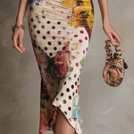 Carla | Ruched Midi Bodycon Dress with Mixed Print and Lace Trim