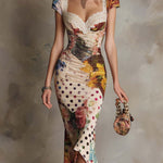 Carla | Ruched Midi Bodycon Dress with Mixed Print and Lace Trim