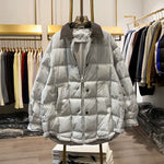 Color-blocked Lapel Zip-up Down Jacket