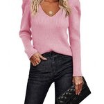 Zeagoo V Neck Sweaters Casual Puff Sleeve Pullover Sweater
