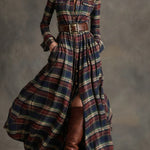 Retro plaid lapel long-sleeved maxi dress (including belt)