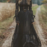Vintage-style black lace and mesh paneling maxi dress（Includes belt）