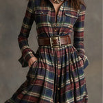 Retro plaid lapel long-sleeved maxi dress (including belt)