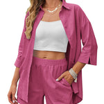 Linen Shirt Elastic Waist Casual Shorts Set - Zeagoo (Us Only)