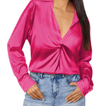 Satin V Neck Twist Front Silk Shirts - Zeagoo (Us Only)