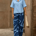 Casual Cotton Blend Blouse and Wide Leg Printed Pants Set