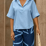 Casual Cotton Blend Blouse and Wide Leg Printed Pants Set