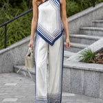 Elegant Satin Striped Print Scarf-Style Top Pants Set