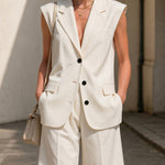 Refined Casual Shoulder-pad Suit Vest and Shorts Set
