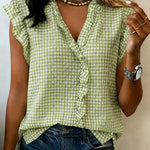 Chic Casual Cotton Blend Ruffle Trim Plaid Blouse
