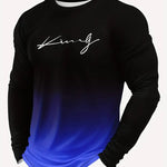 KZZ Men's Casual Long Sleeve T-Shirt, Gradient Color Round Neck, Letter Print Design