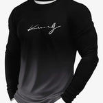 KZZ Men's Casual Long Sleeve T-Shirt, Gradient Color Round Neck, Letter Print Design