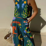 Unique Print Tank And Elastic Waist Pocketed Pants Set