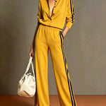 Camel Color-blocked Single-breasted Top And Wide-leg Pants Suit