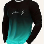KZZ Men's Casual Long Sleeve T-Shirt, Gradient Color Round Neck, Letter Print Design