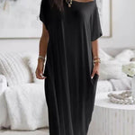 Women's Solid-Color Short-Sleeve Long Casual Dress
