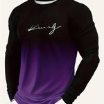 KZZ Men's Casual Long Sleeve T-Shirt, Gradient Color Round Neck, Letter Print Design