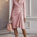 Solid color long-sleeved V-neck pleated dress