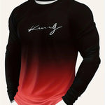 KZZ Men's Casual Long Sleeve T-Shirt, Gradient Color Round Neck, Letter Print Design